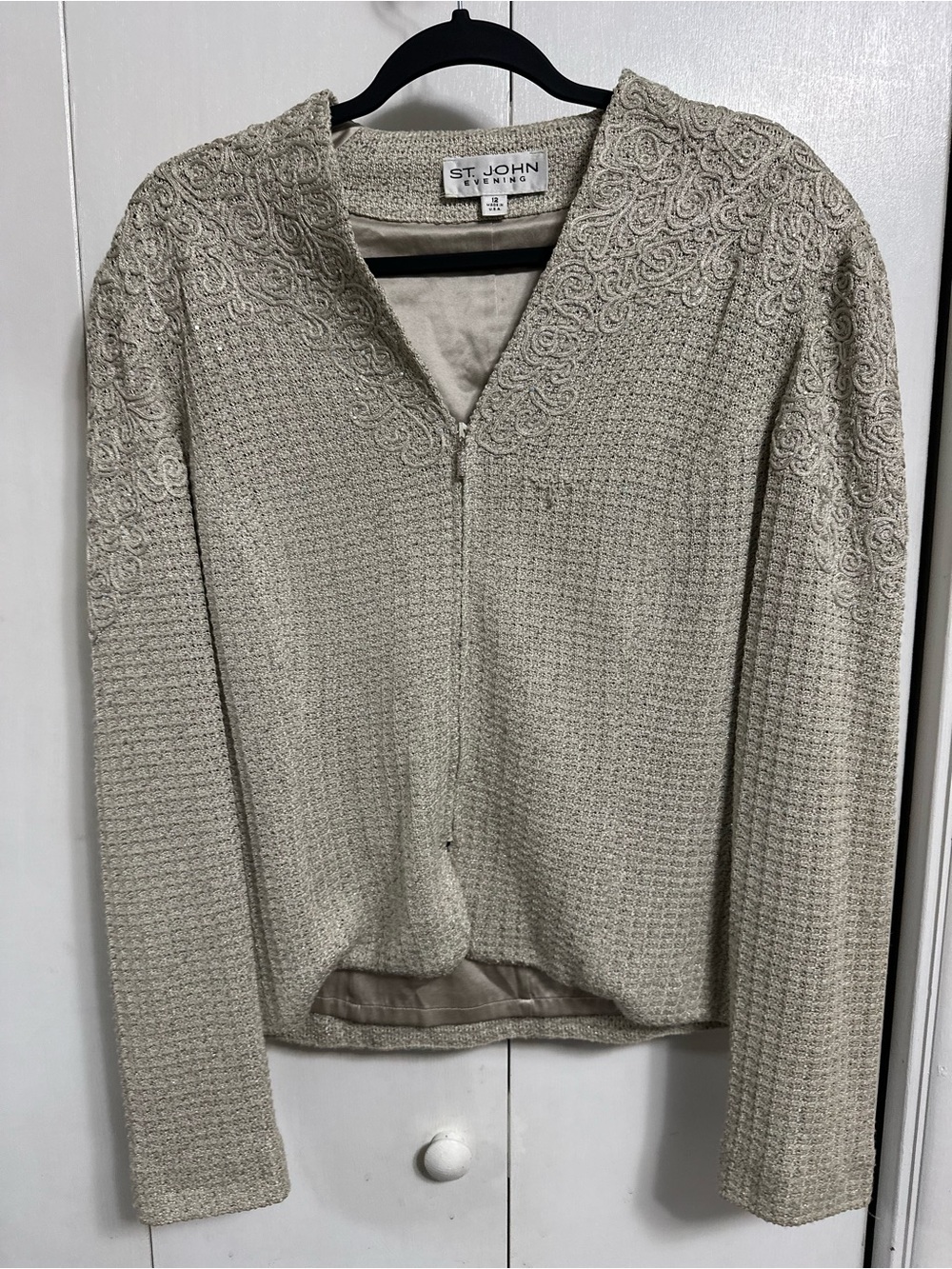 St. John Cream Textured Zip-Front V-Neck Sweater Jacket